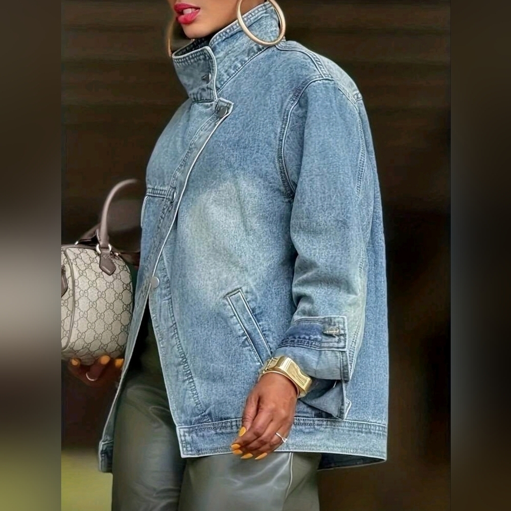 High Collar Denim Jacket - Picture 2 of 7